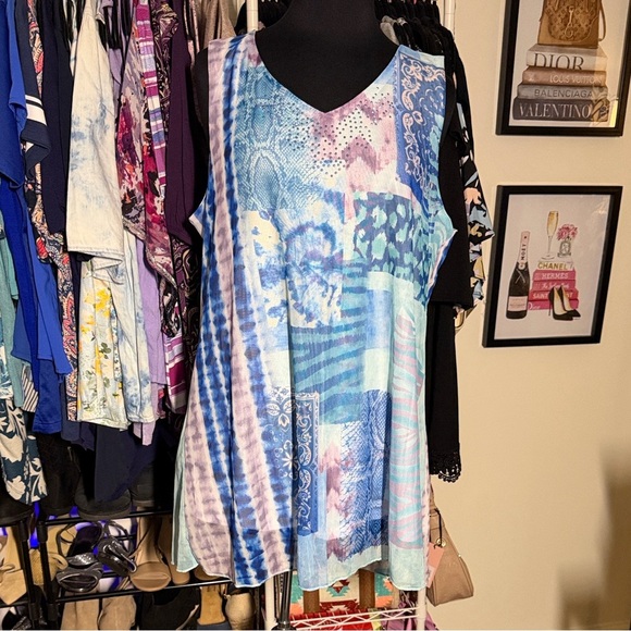 ONE WORLD Life and Let Live Blue and Pink Patchwork Layered Tunic Dress Cover up - Picture 2 of 8